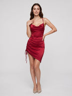 Red Satin Sheath Scoop Neck Lace-up Short Dress with Ruched Sides - Curvevia