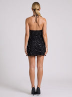 Black Sequins Sheath/column Halter neckline Backless Short Dress with Beaded Cowl - Curvevia