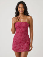 Wine Sequins Sheath Straight Neck Side Zip Short Dress with Floral Details - Curvevia