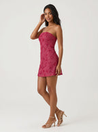 Wine Sequins Sheath Straight Neck Side Zip Short Dress with Floral Details - Curvevia