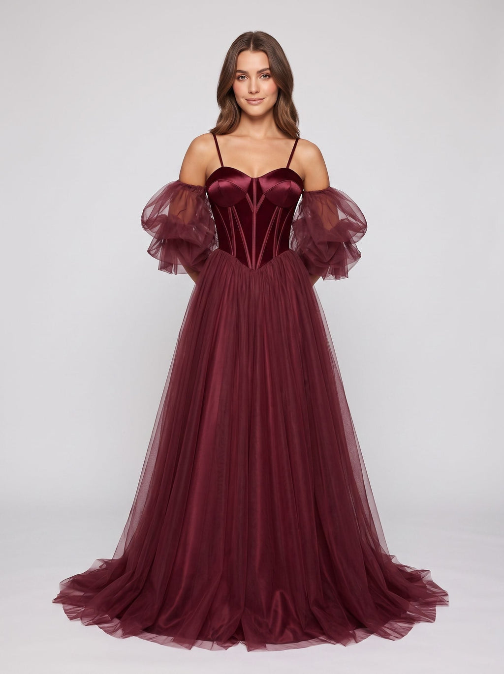 Wine Tulle A-Line Sweetheart Lace-up Floor-Length Dress with Voluminous Skirt - Curvevia