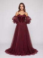 Wine Tulle A-Line Sweetheart Lace-up Floor-Length Dress with Voluminous Skirt - Curvevia