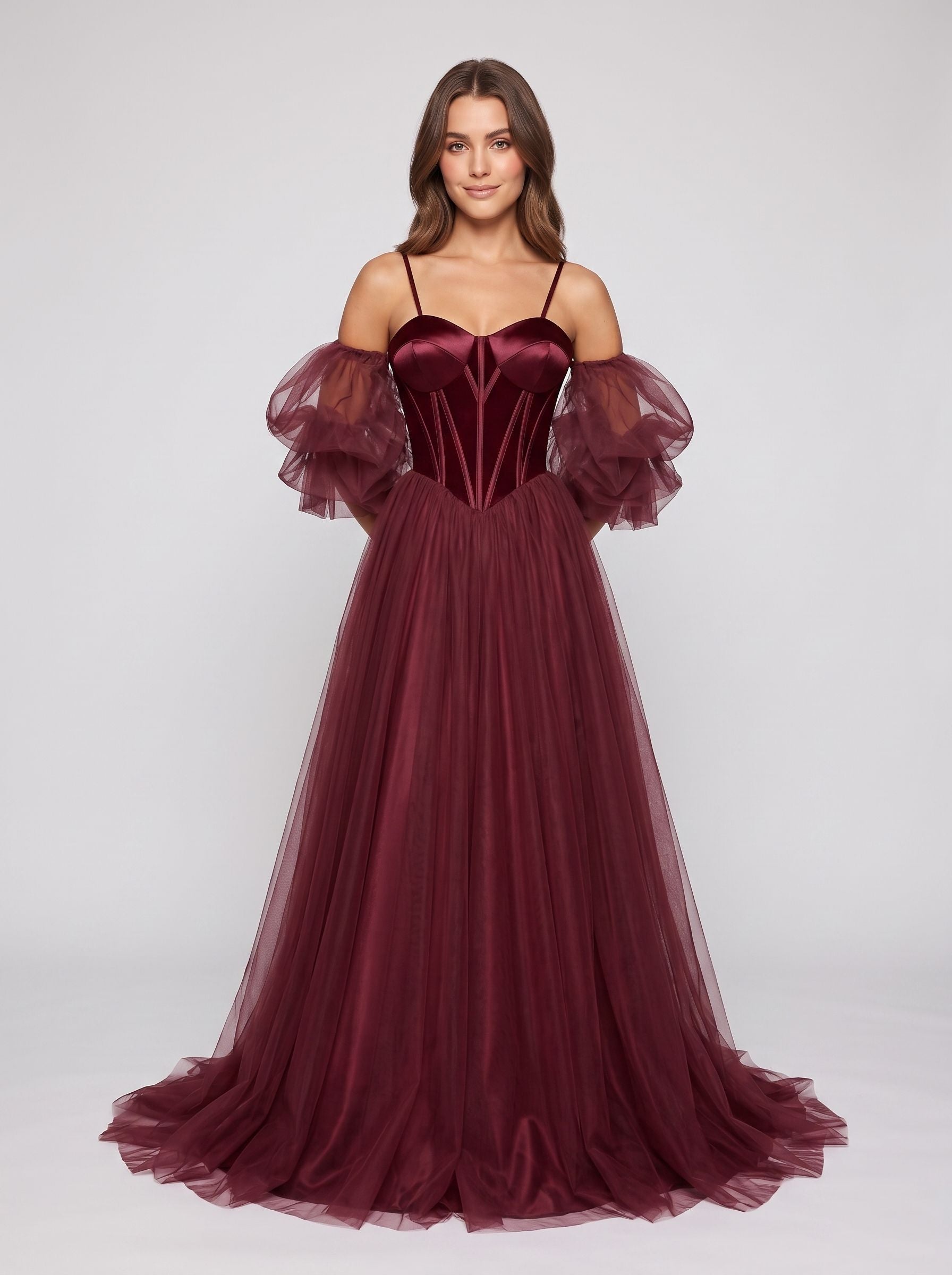 Wine Tulle A-Line Sweetheart Lace-up Floor-Length Dress with Voluminous Skirt - Curvevia