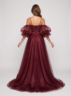 Wine Tulle A-Line Sweetheart Lace-up Floor-Length Dress with Voluminous Skirt - Curvevia