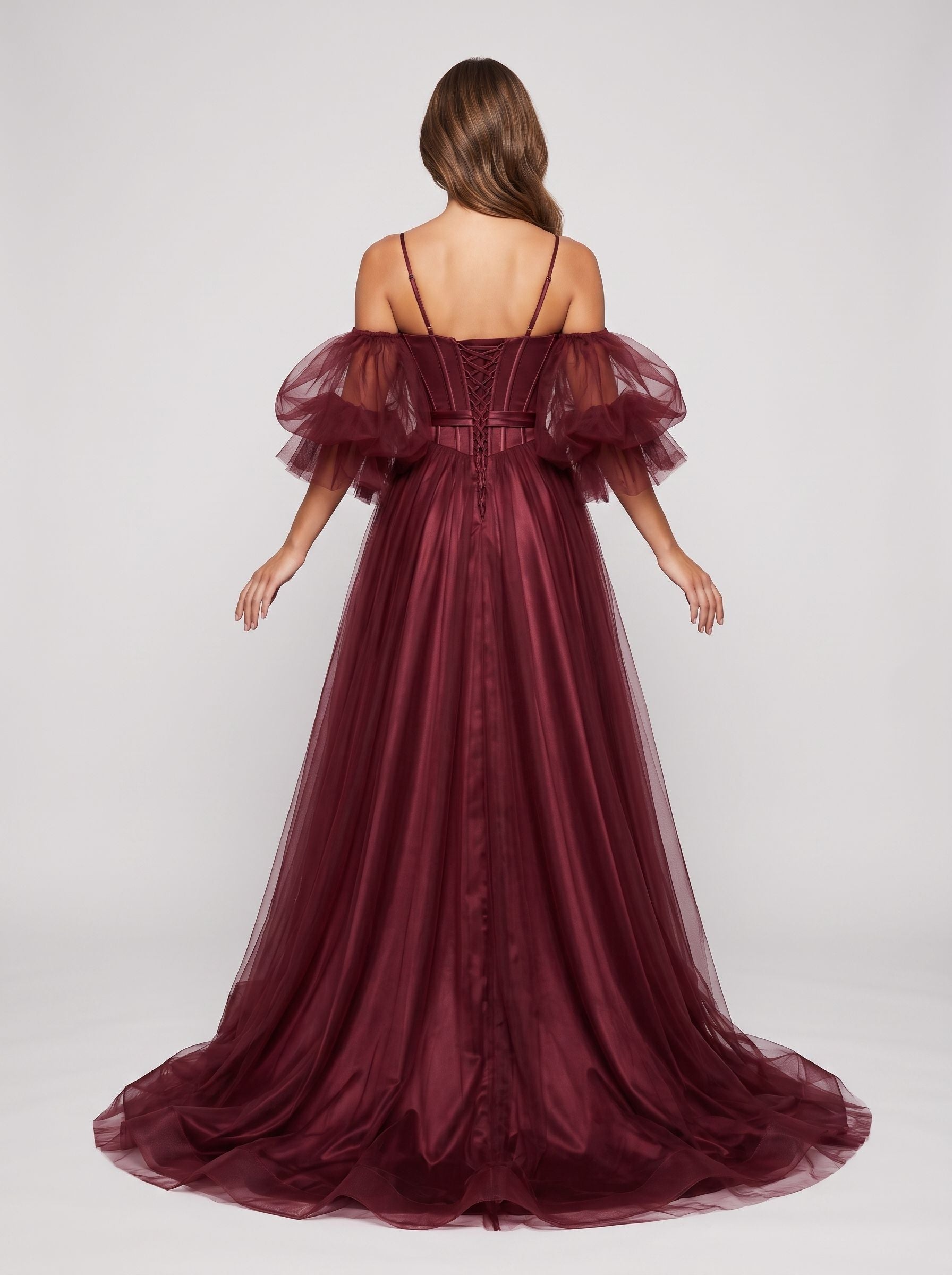 Wine Tulle A-Line Sweetheart Lace-up Floor-Length Dress with Voluminous Skirt - Curvevia