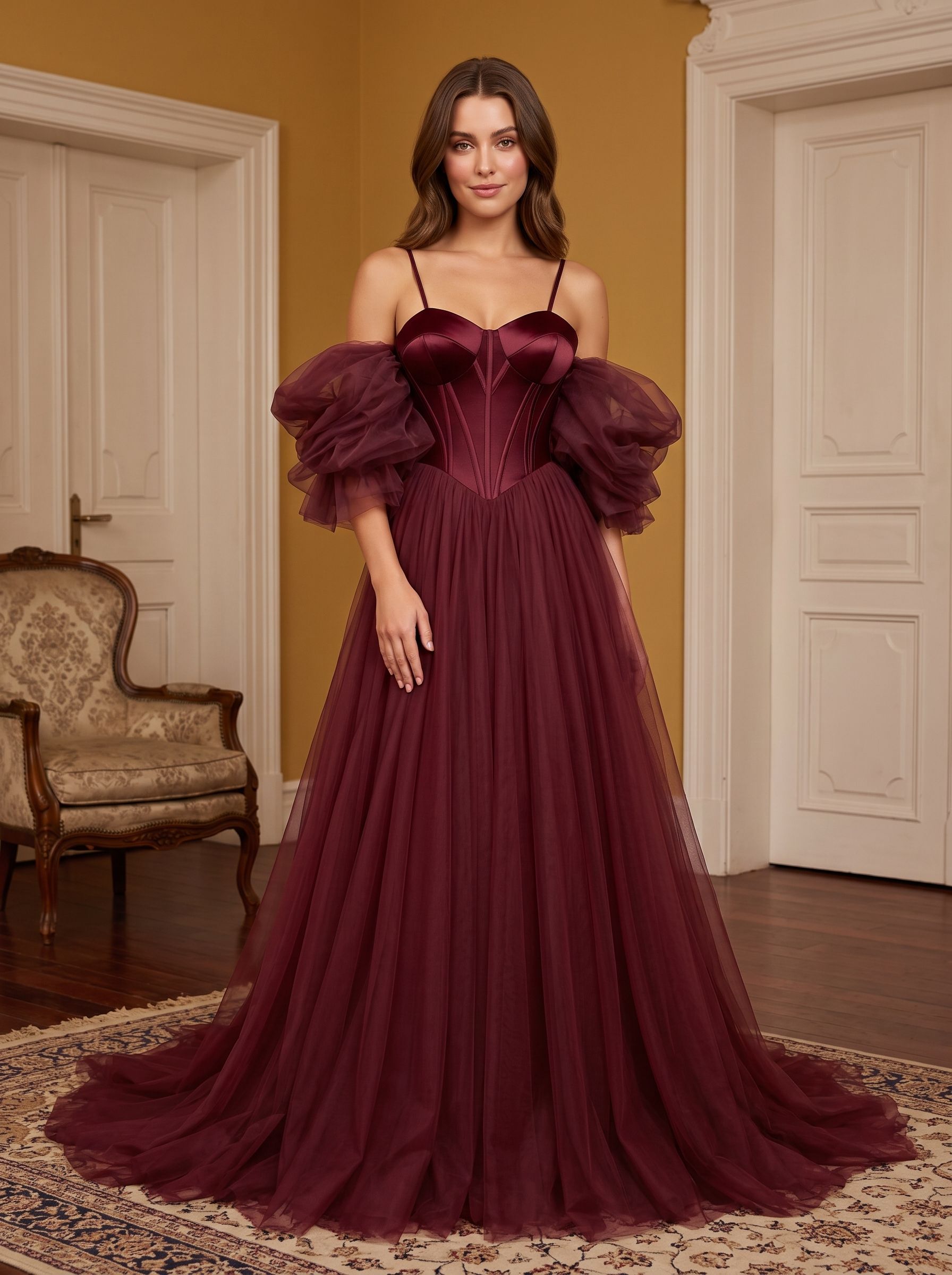 Wine Tulle A-Line Sweetheart Lace-up Floor-Length Dress with Voluminous Skirt - Curvevia