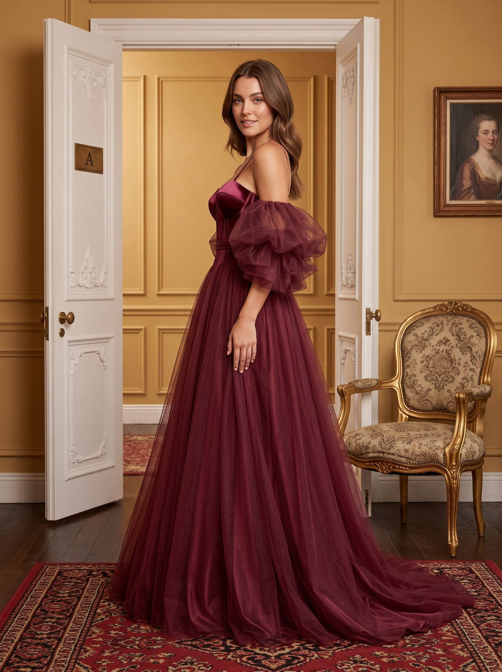 Wine Tulle A-Line Sweetheart Lace-up Floor-Length Dress with Voluminous Skirt - Curvevia