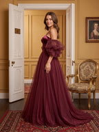 Wine Tulle A-Line Sweetheart Lace-up Floor-Length Dress with Voluminous Skirt - Curvevia