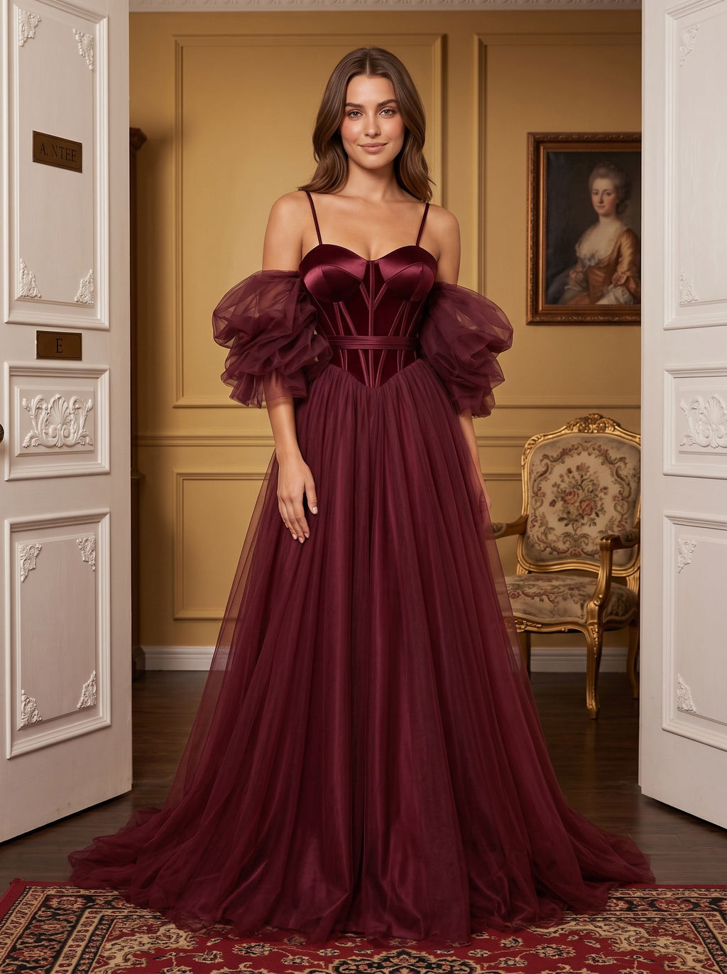 Wine Tulle A-Line Sweetheart Lace-up Floor-Length Dress with Voluminous Skirt - Curvevia