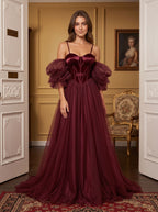 Wine Tulle A-Line Sweetheart Lace-up Floor-Length Dress with Voluminous Skirt - Curvevia