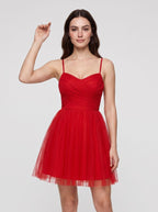 Red Tulle A-Line Scoop Neck Lace-up Short Dress with Pleated Bodice - Curvevia