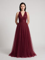 Burgundy Tulle A-Line V-Neck Backless Floor-Length Dress with Pleated Bodice - Curvevia