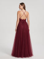 Burgundy Tulle A-Line V-Neck Backless Floor-Length Dress with Pleated Bodice - Curvevia