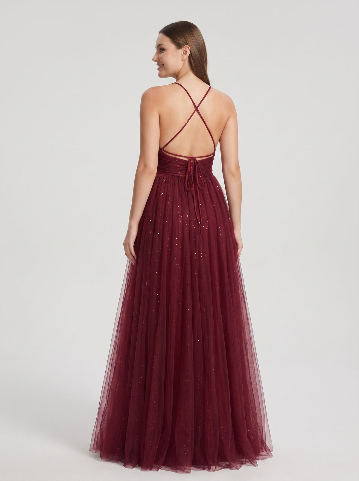 Burgundy Tulle A-Line V-Neck Backless Floor-Length Dress with Pleated Bodice - Curvevia