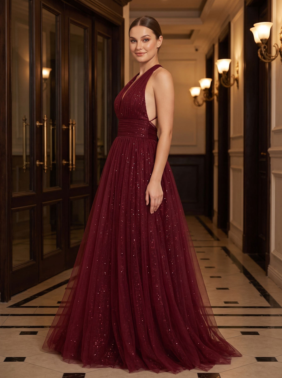 Burgundy Tulle A-Line V-Neck Backless Floor-Length Dress with Pleated Bodice - Curvevia