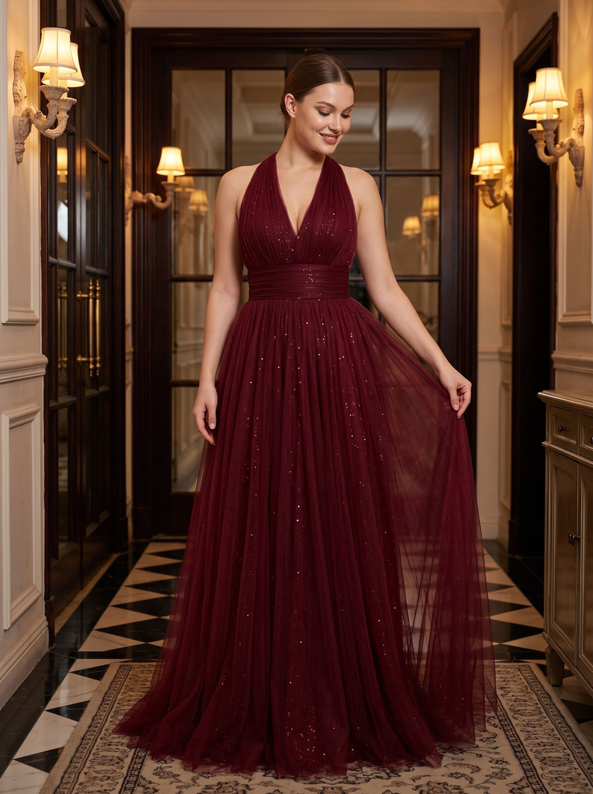 Burgundy Tulle A-Line V-Neck Backless Floor-Length Dress with Pleated Bodice - Curvevia