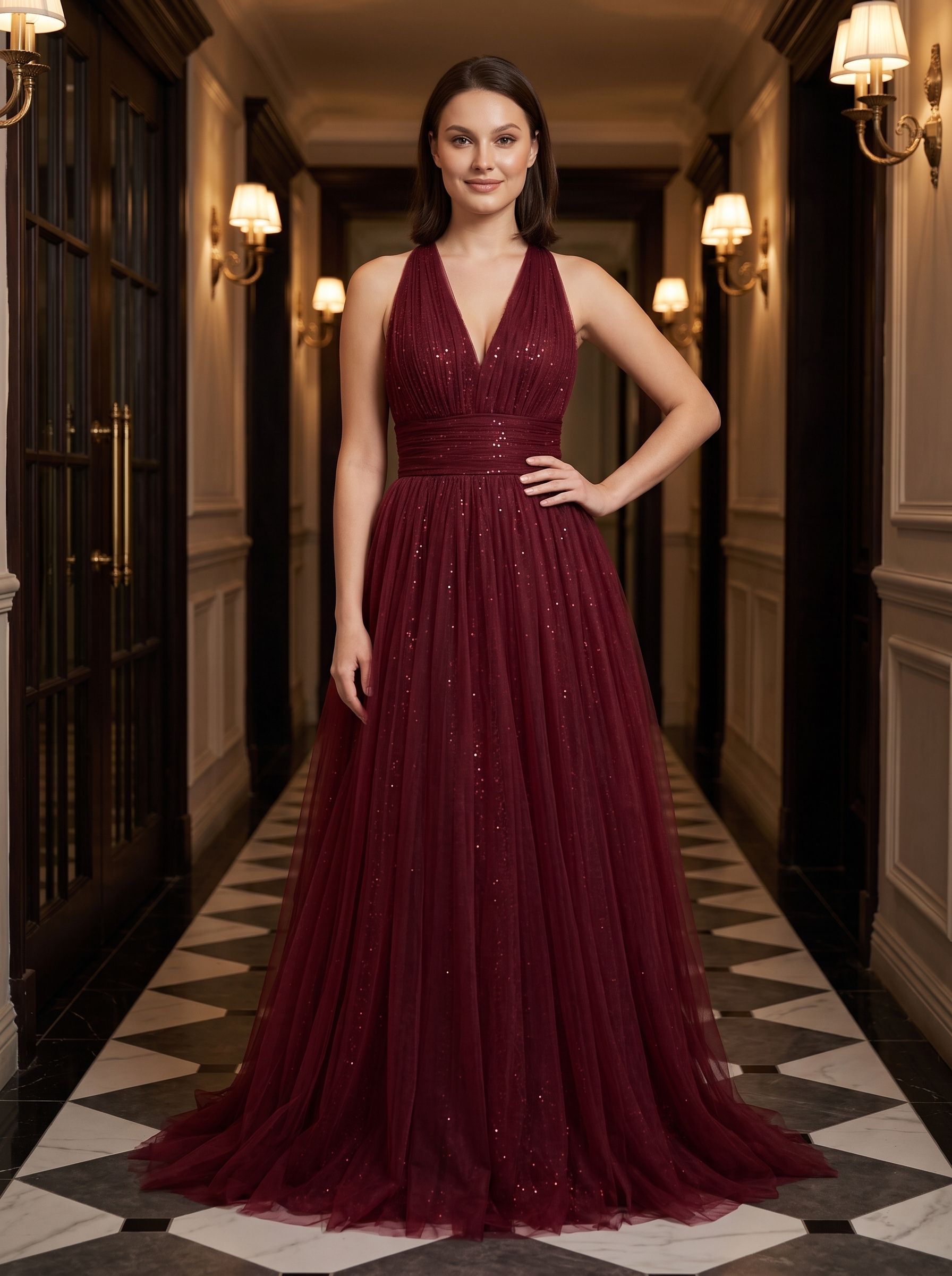 Burgundy Tulle A-Line V-Neck Backless Floor-Length Dress with Pleated Bodice - Curvevia