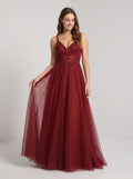 Wine Tulle A-Line V-Neck Illusion Floor-Length Dress with Floral Embroidery - Curvevia