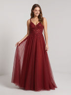 Wine Tulle A-Line V-Neck Illusion Floor-Length Dress with Floral Embroidery - Curvevia