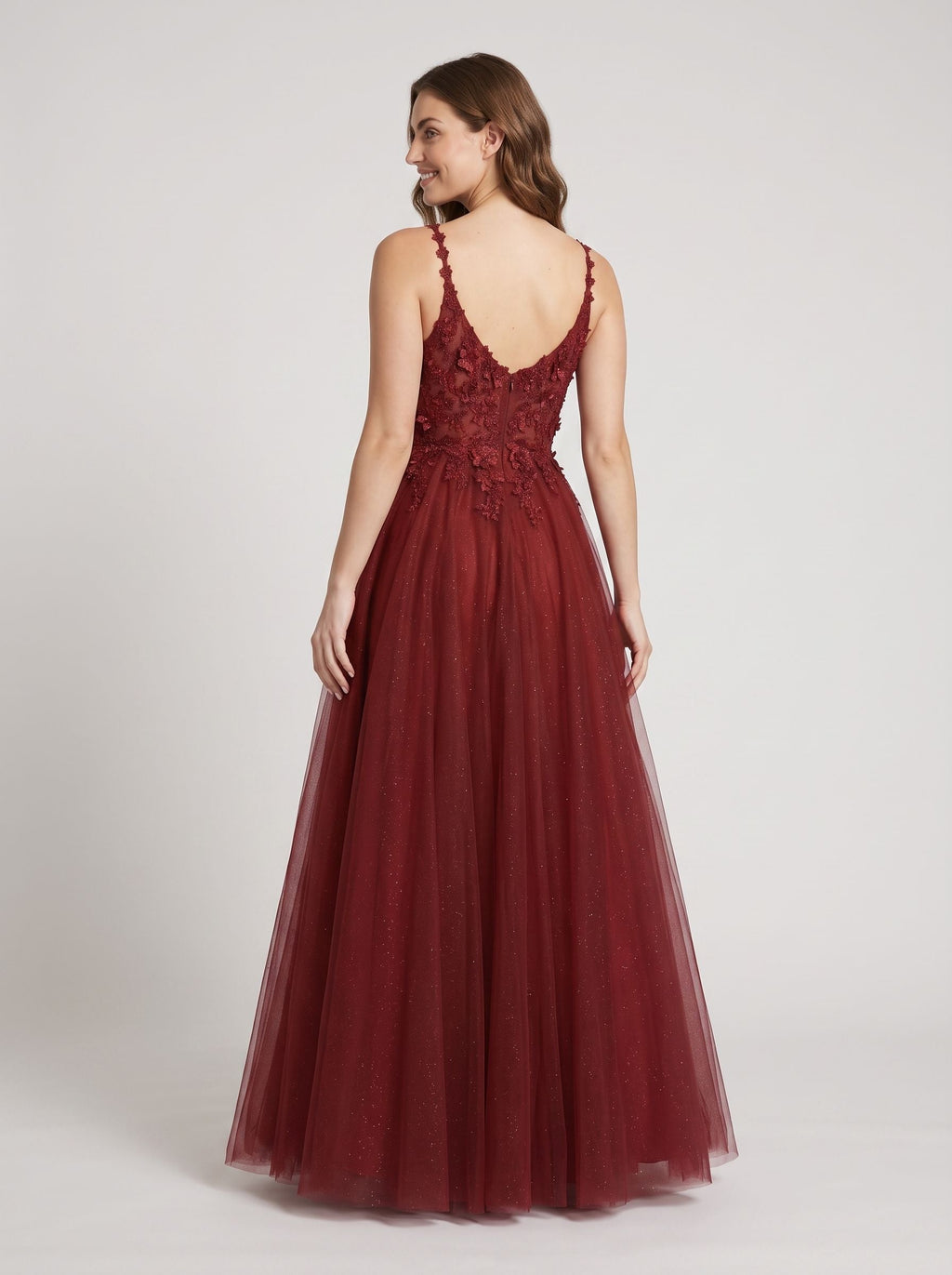 Wine Tulle A-Line V-Neck Illusion Floor-Length Dress with Floral Embroidery - Curvevia