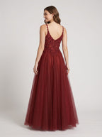 Wine Tulle A-Line V-Neck Illusion Floor-Length Dress with Floral Embroidery - Curvevia