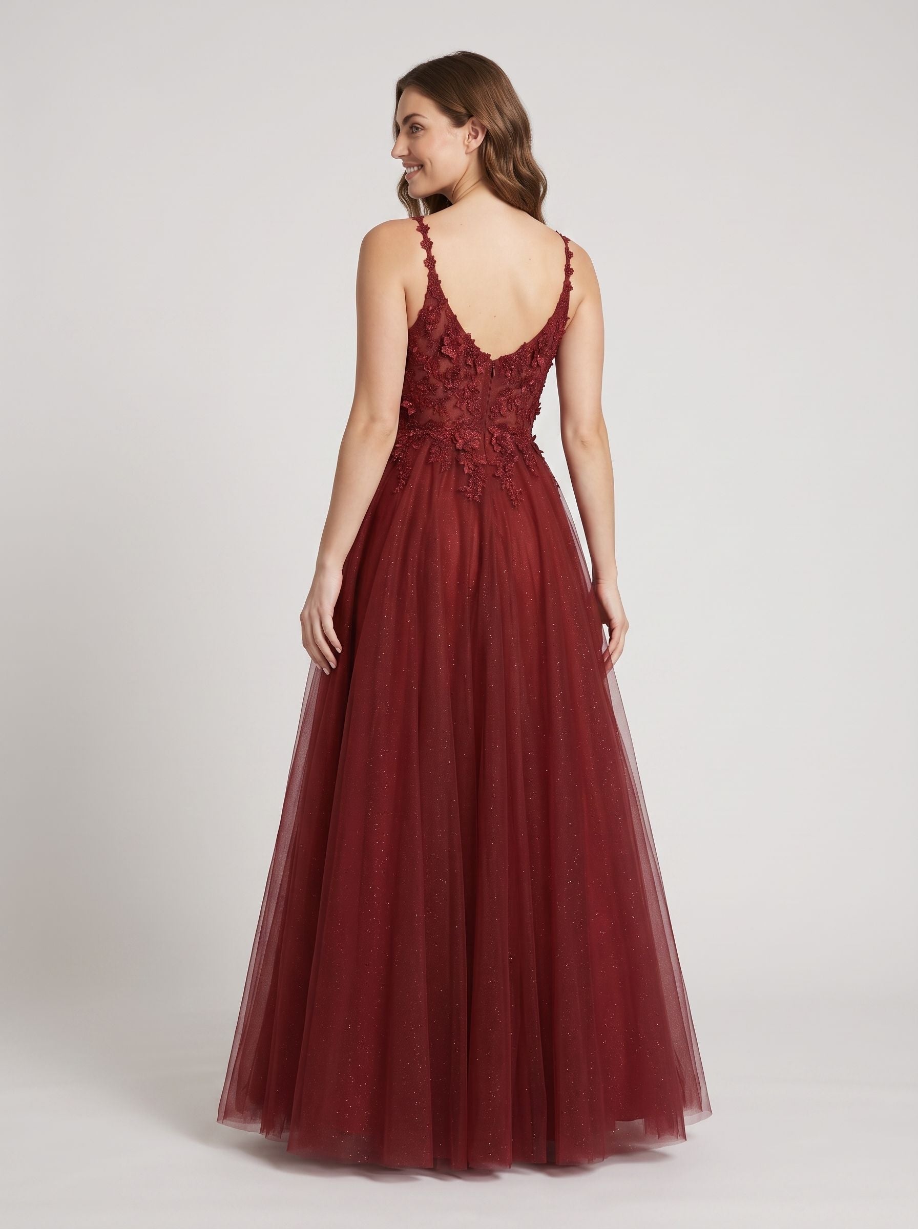 Wine Tulle A-Line V-Neck Illusion Floor-Length Dress with Floral Embroidery - Curvevia