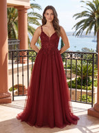 Wine Tulle A-Line V-Neck Illusion Floor-Length Dress with Floral Embroidery - Curvevia