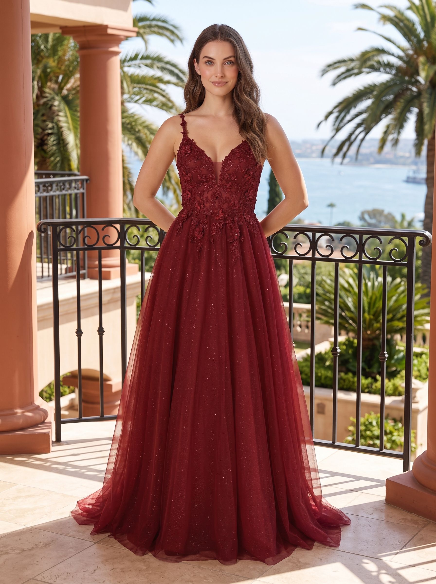 Wine Tulle A-Line V-Neck Illusion Floor-Length Dress with Floral Embroidery - Curvevia