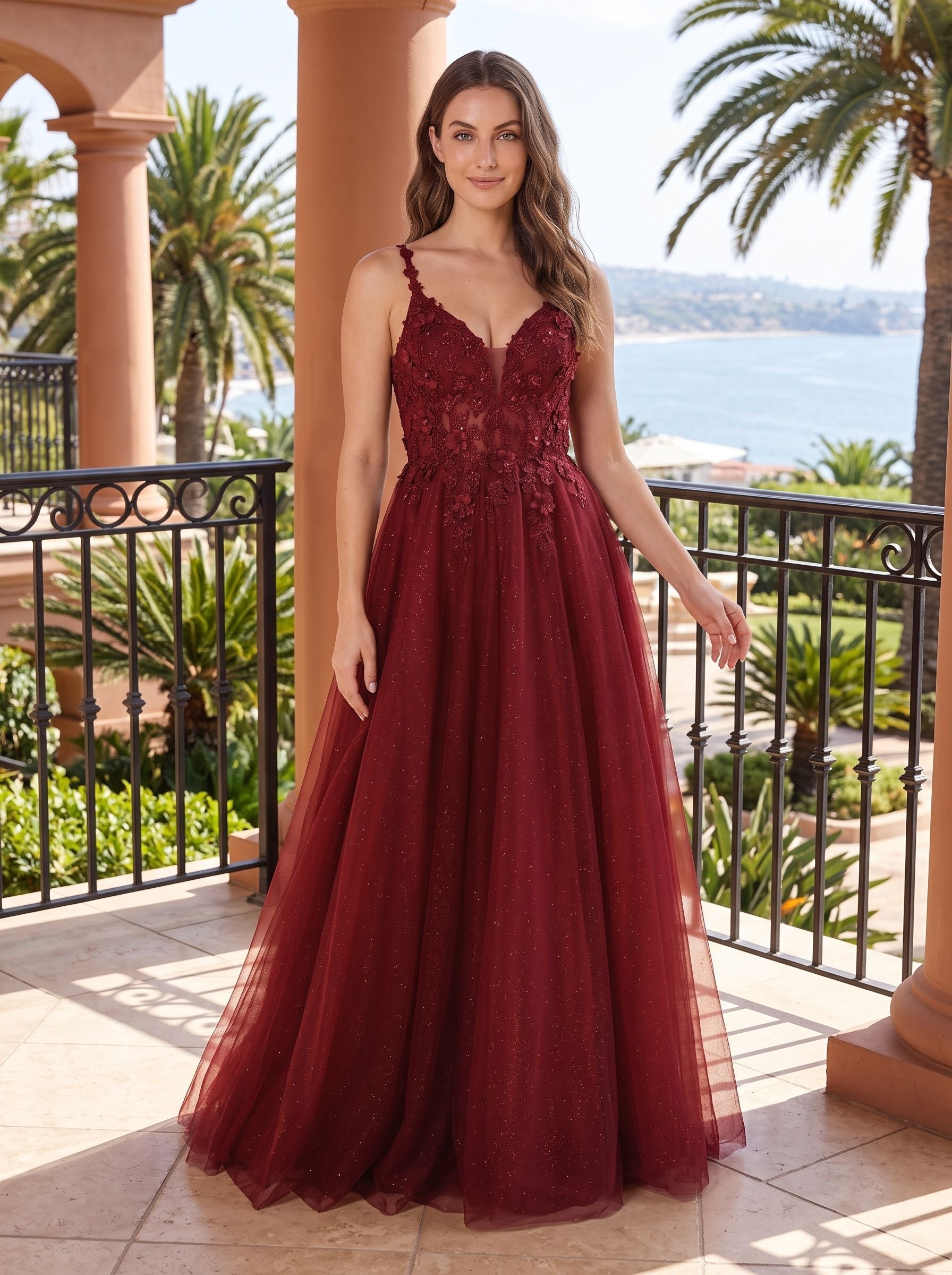 Wine Tulle A-Line V-Neck Illusion Floor-Length Dress with Floral Embroidery - Curvevia