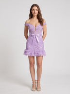 Wisteria Lace Sheath Off-the-Shoulder Back Zip Short Dress with Satin Appliques - Curvevia