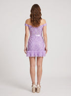 Wisteria Lace Sheath Off-the-Shoulder Back Zip Short Dress with Satin Appliques - Curvevia