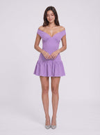 Wisteria Matte Satin A-Line Off-the-Shoulder Back Zip Short Dress with a Drop Waist - Curvevia