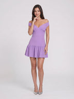 Wisteria Matte Satin A-Line Off-the-Shoulder Back Zip Short Dress with a Drop Waist - Curvevia