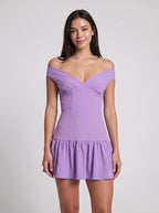 Wisteria Matte Satin A-Line Off-the-Shoulder Back Zip Short Dress with a Drop Waist - Curvevia