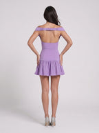 Wisteria Matte Satin A-Line Off-the-Shoulder Back Zip Short Dress with a Drop Waist - Curvevia