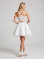 White Satin A-Line V-Neck Illusion Short Dress with Pleated Bodice - Curvevia