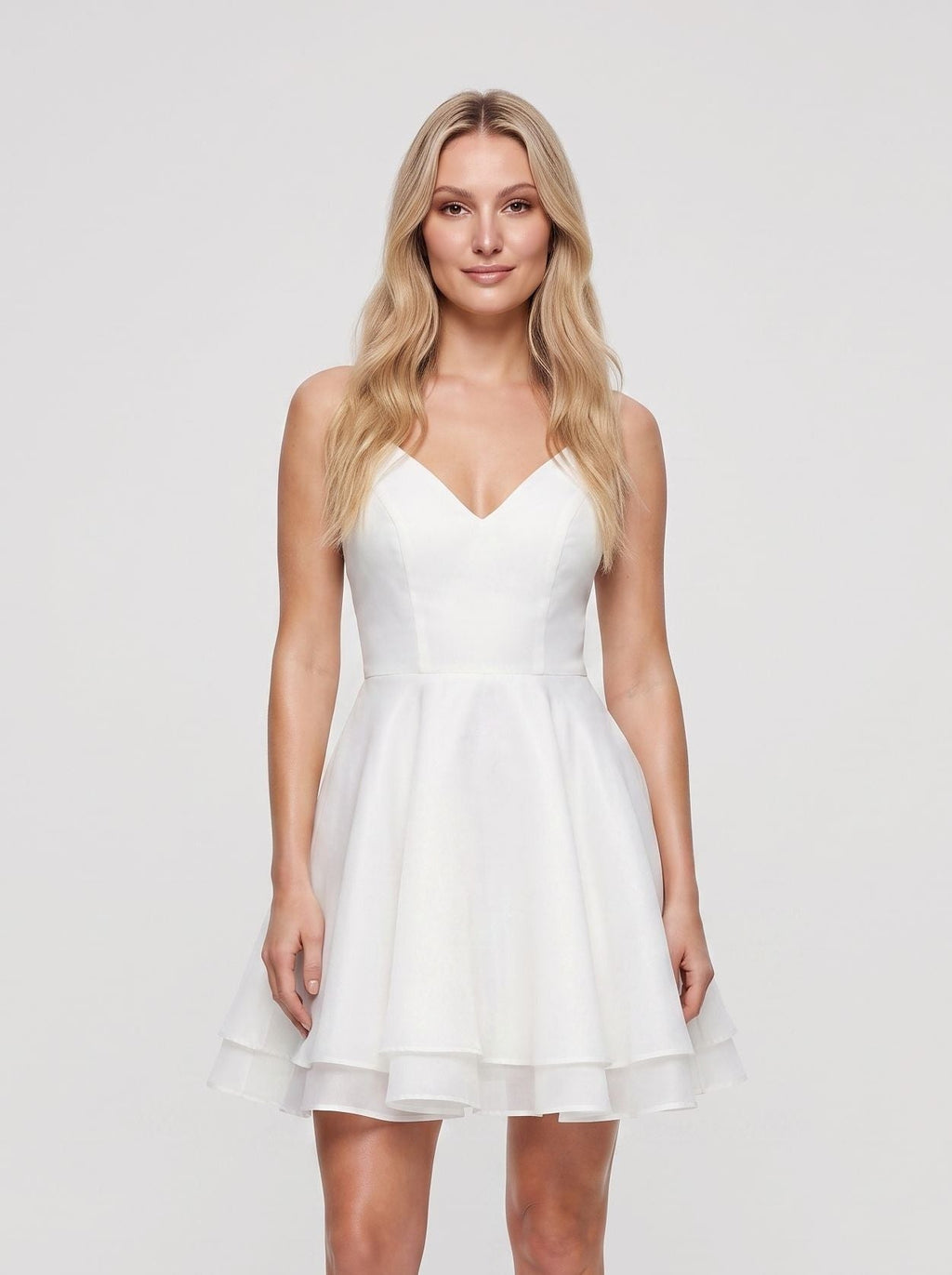 White Satin A-Line V-Neck Illusion Short Dress with Pleated Bodice - Curvevia