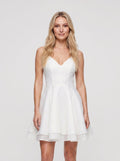 White Satin A-Line V-Neck Illusion Short Dress with Pleated Bodice - Curvevia