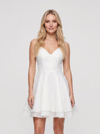 White Satin A-Line V-Neck Illusion Short Dress with Pleated Bodice - Curvevia