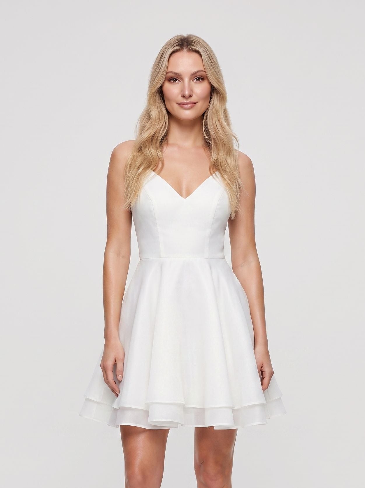 White Satin A-Line V-Neck Illusion Short Dress with Pleated Bodice - Curvevia