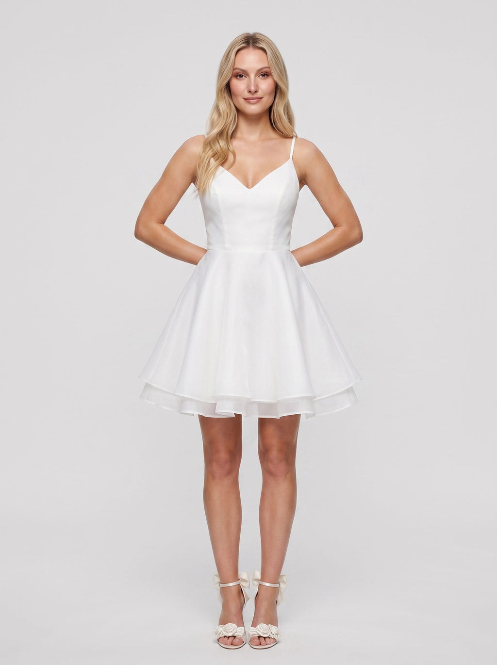 White Satin A-Line V-Neck Illusion Short Dress with Pleated Bodice - Curvevia
