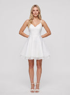 White Satin A-Line V-Neck Illusion Short Dress with Pleated Bodice - Curvevia