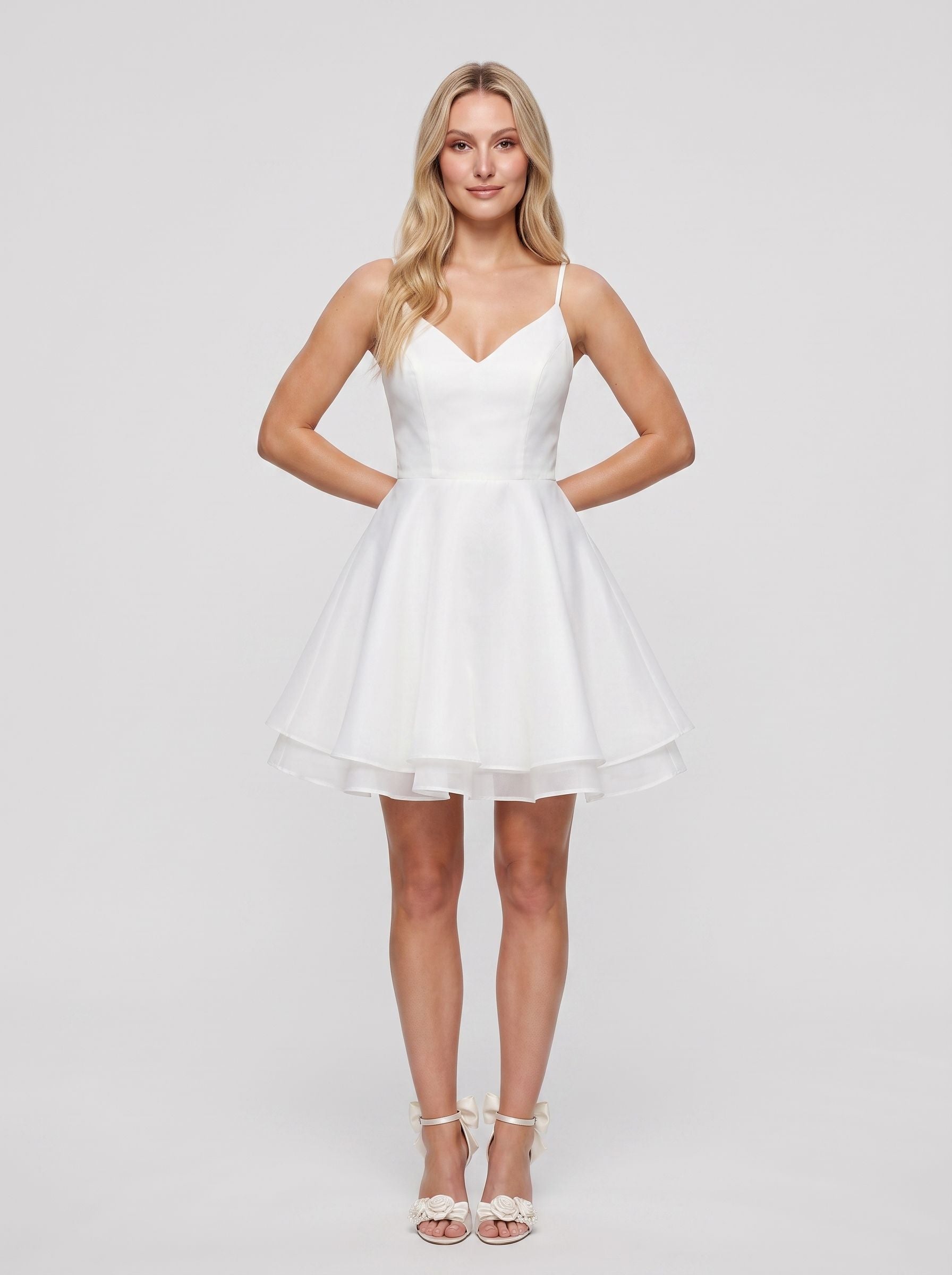 White Satin A-Line V-Neck Illusion Short Dress with Pleated Bodice - Curvevia