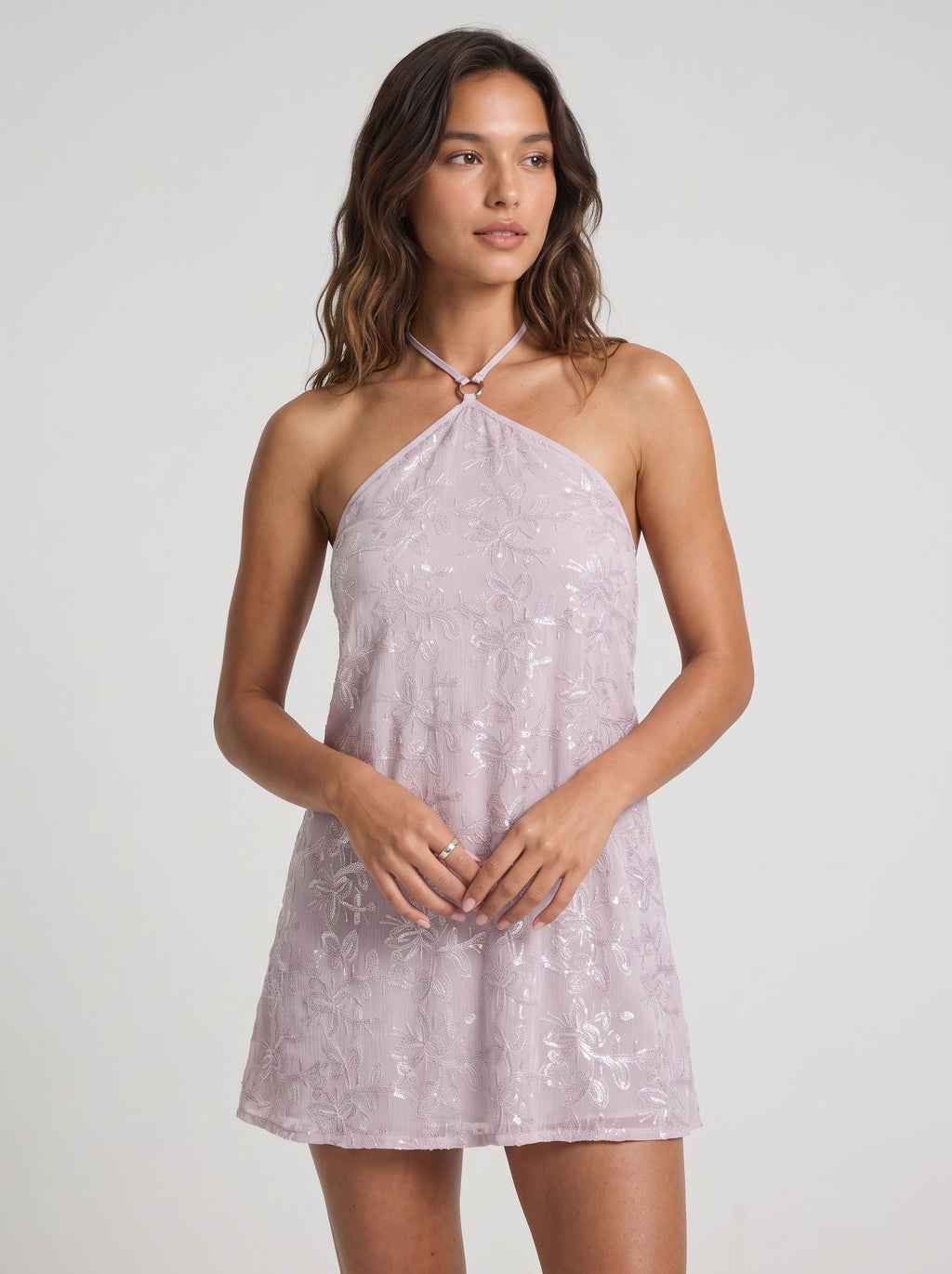 Wisteria Sequins column Halter neckline Criss-Cross Straps Short Dress with Floral Print - Curvevia