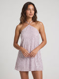 Wisteria Sequins column Halter neckline Criss-Cross Straps Short Dress with Floral Print - Curvevia