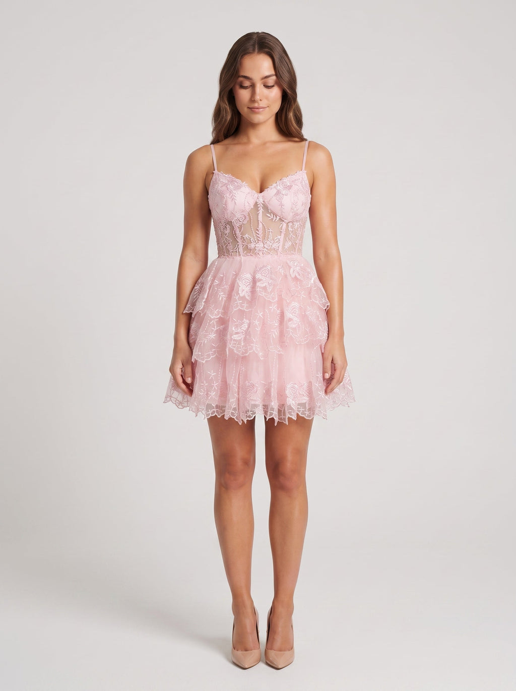 Blushing Pink Tulle A-Line Sweetheart Back Zip Short Dress with Tiered Skirt - Curvevia