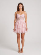 Blushing Pink Tulle A-Line Sweetheart Back Zip Short Dress with Tiered Skirt - Curvevia