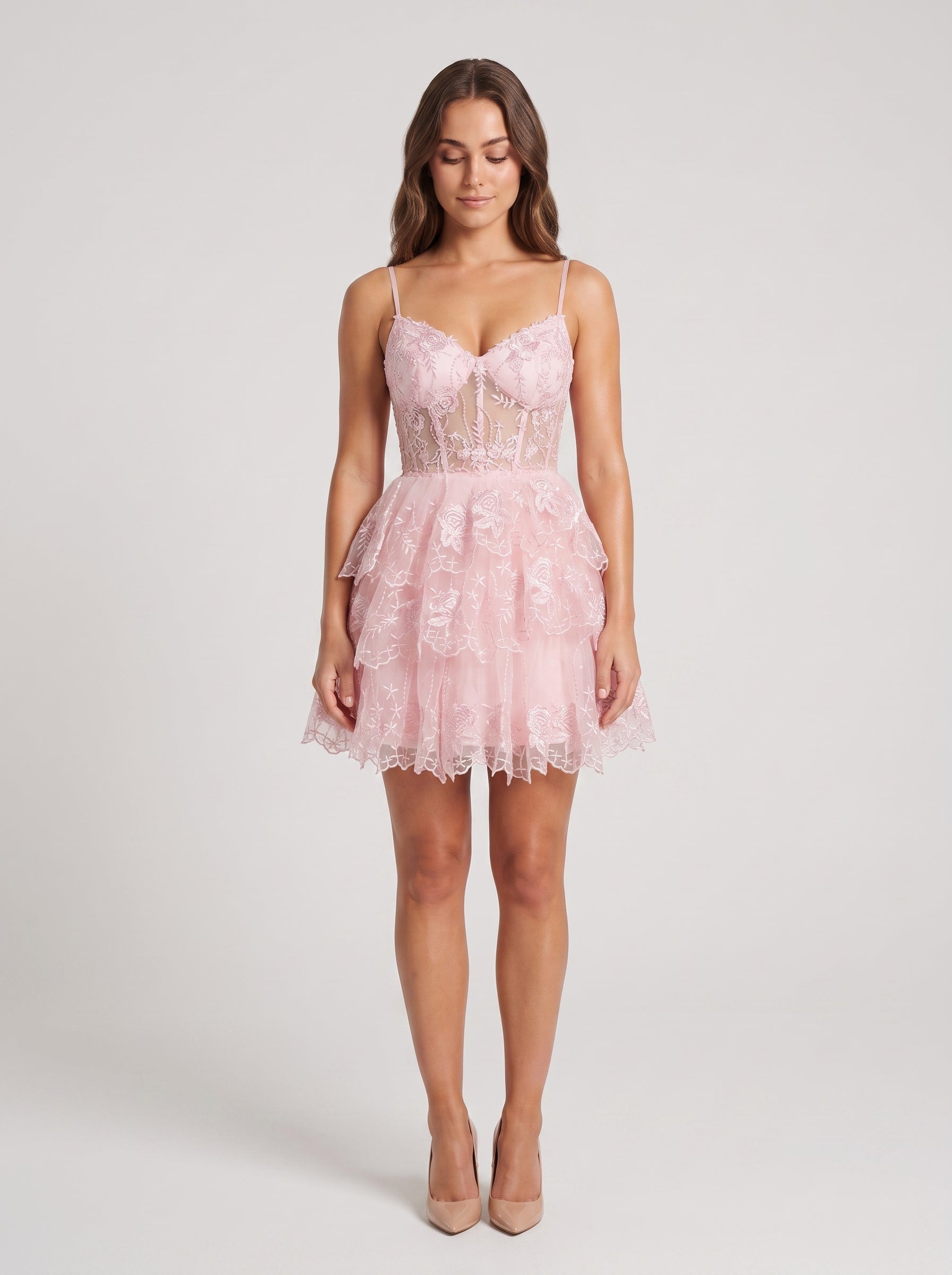 Blushing Pink Tulle A-Line Sweetheart Back Zip Short Dress with Tiered Skirt - Curvevia