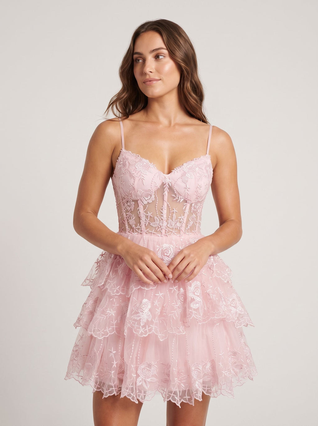 Blushing Pink Tulle A-Line Sweetheart Back Zip Short Dress with Tiered Skirt - Curvevia