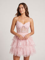 Blushing Pink Tulle A-Line Sweetheart Back Zip Short Dress with Tiered Skirt - Curvevia